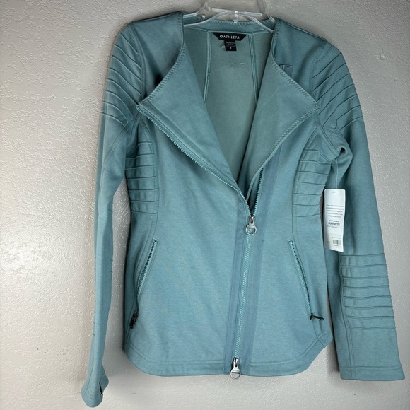 Athleta Small Tiffany Blue Work Out Moto Ribbed Jacket Zipper Front Zip Pockets - Picture 4 of 16